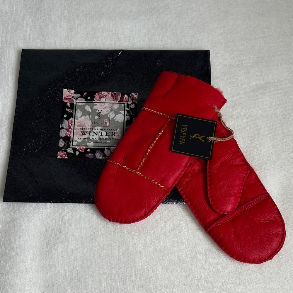 YISEVEN Red Mittens 100% Leather